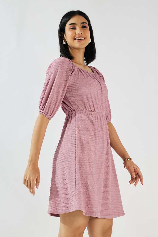 Solid-Square-Neck-Blended-Fabric-Women-s-Knee-Length-Dress