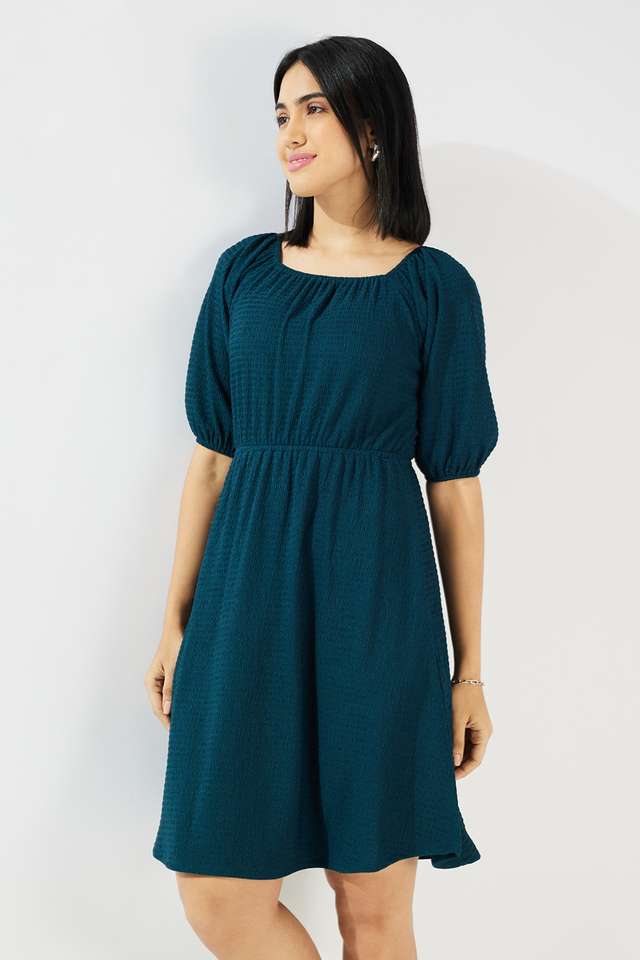 Solid-Square-Neck-Blended-Fabric-Women-s-Knee-Length-Dress