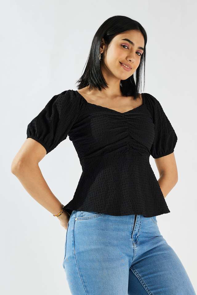 Solid-Blended-Fabric-Square-Neck-Women-s-Top