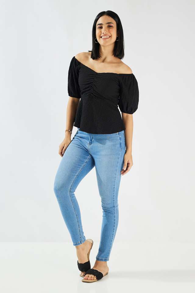 Solid-Blended-Fabric-Square-Neck-Women-s-Top