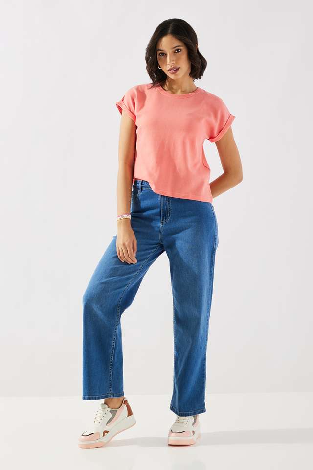 Solid-Cotton-Round-Neck-Women-s-Top