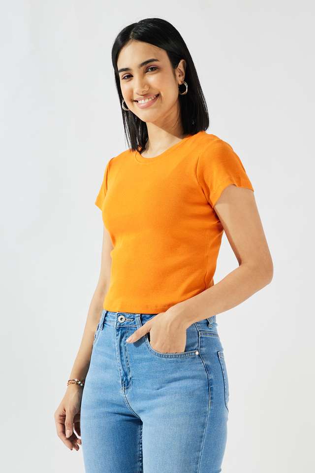Solid-Cotton-Round-Neck-Women-s-Top