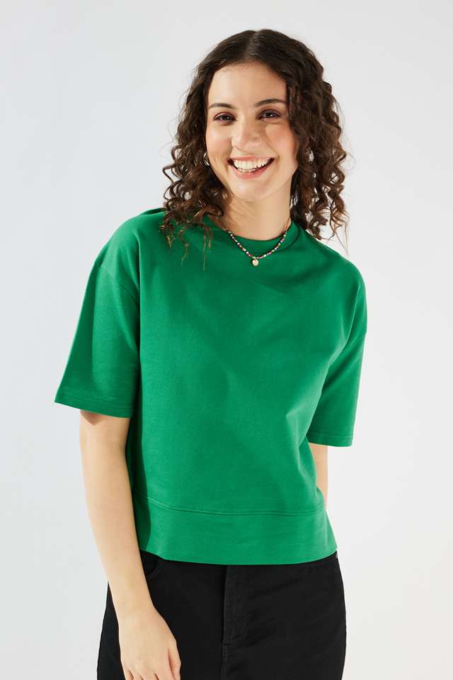 Solid-Cotton-Round-Neck-Women-s-Top