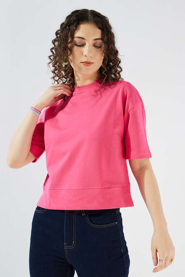 Solid-Cotton-Round-Neck-Women-s-Top