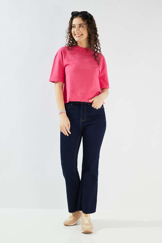 Solid-Cotton-Round-Neck-Women-s-Top