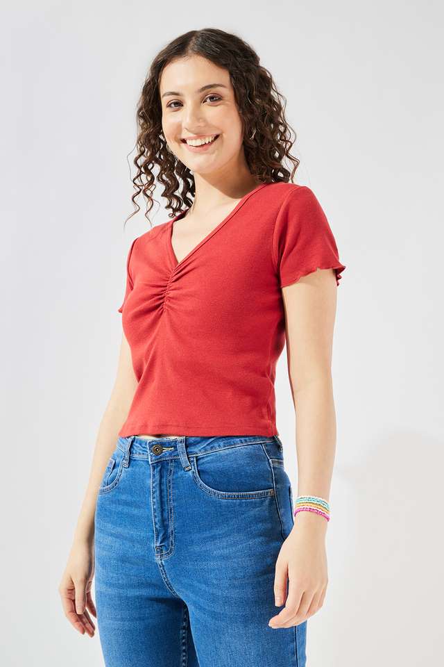 Solid-Cotton-V-Neck-Women-s-Top