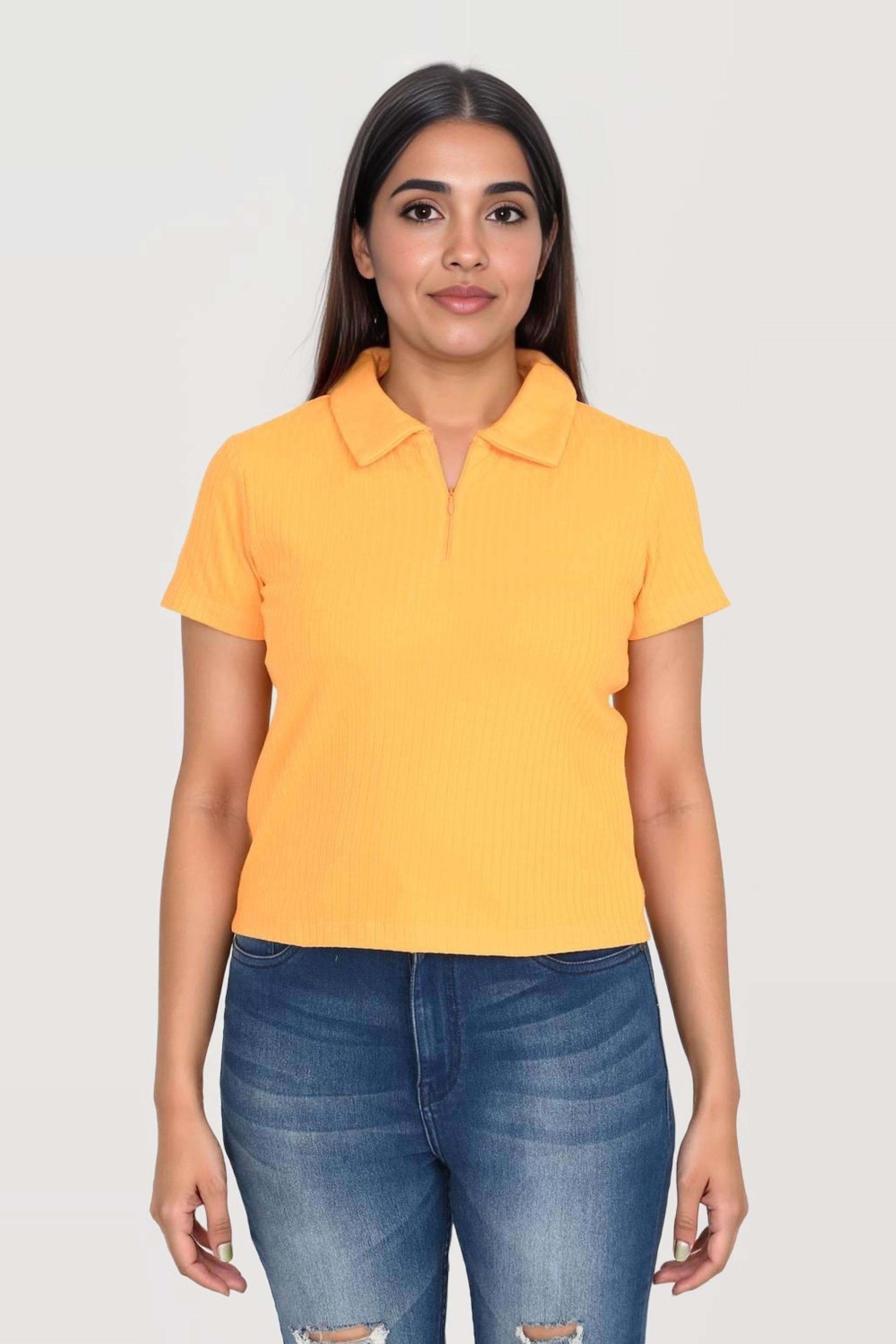 life Solid Blended Fabric Collared Women's T-Shirt-picture-11