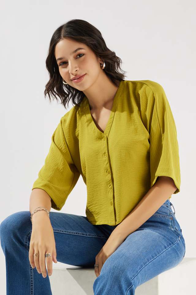 Solid-Polyester-V-Neck-Women-s-Top