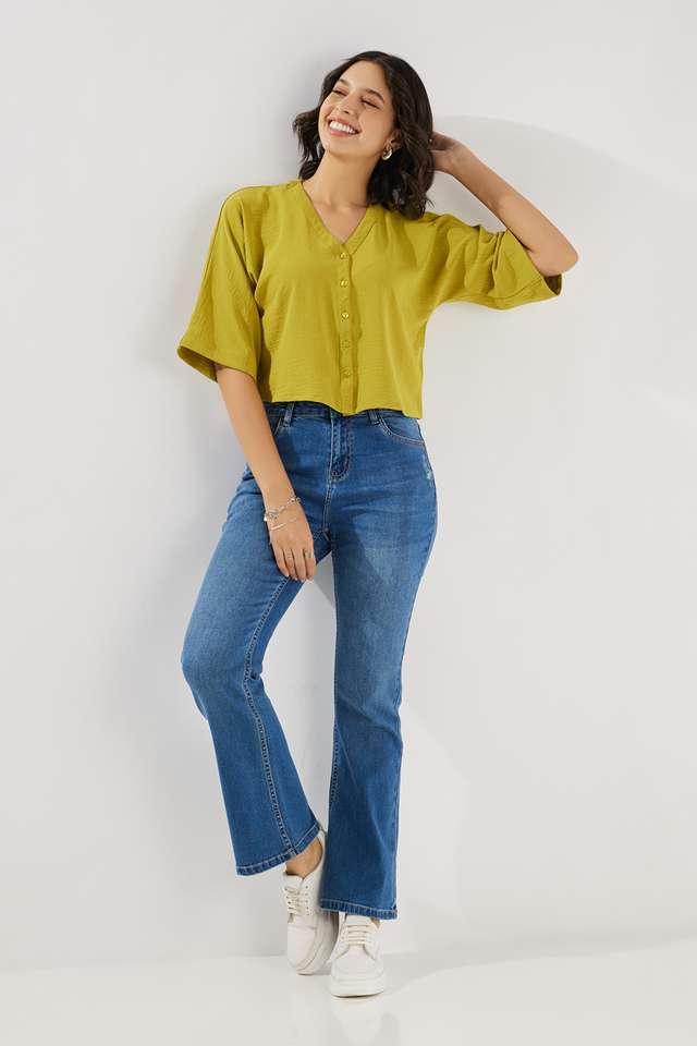 Solid-Polyester-V-Neck-Women-s-Top