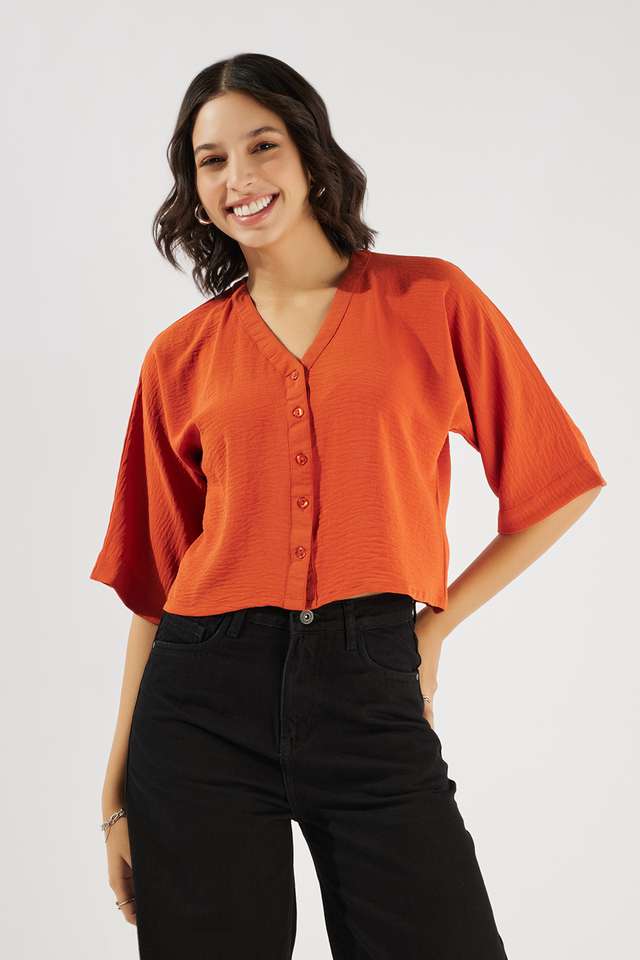 Solid-Polyester-V-Neck-Women-s-Top