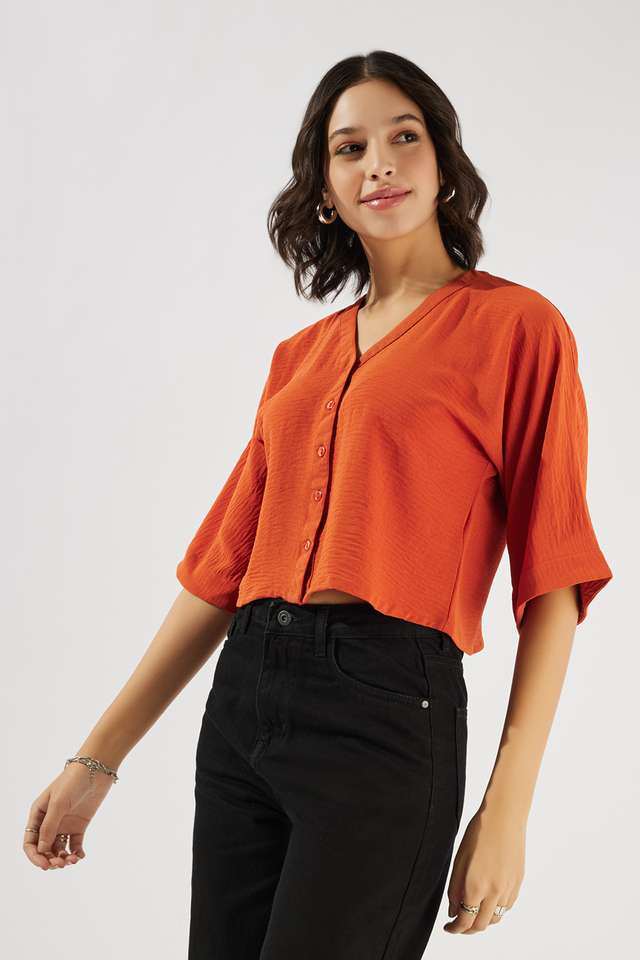 Solid-Polyester-V-Neck-Women-s-Top