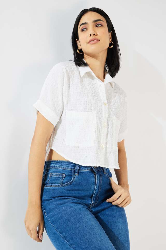 Solid-Blended-Fabric-Collared-Women-s-Top