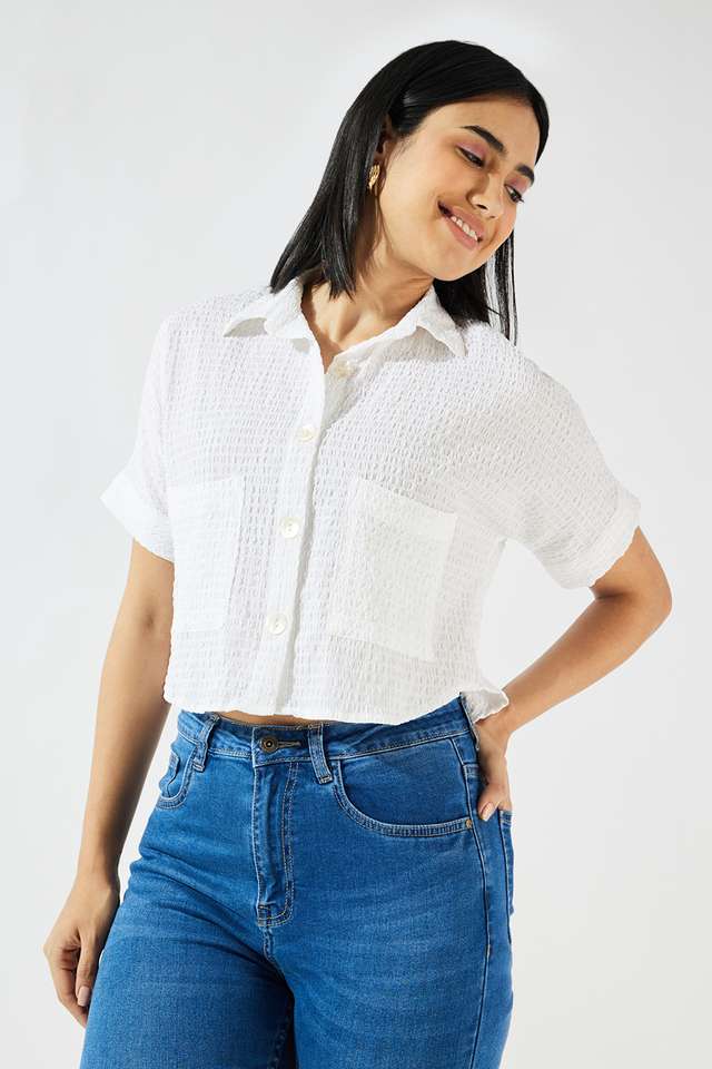 Solid-Blended-Fabric-Collared-Women-s-Top