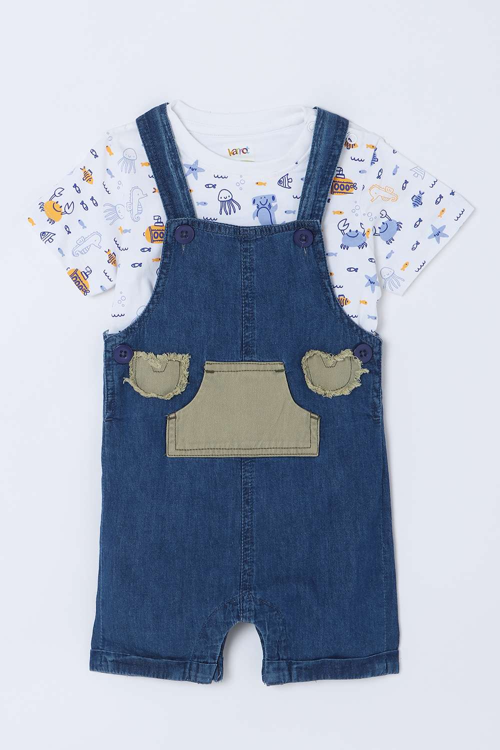 Embroidered-Denim-Calf-Length-Infants-Dungarees