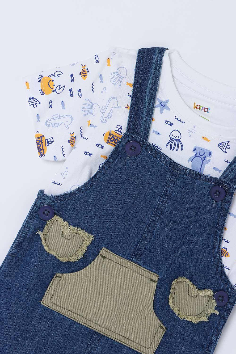 Embroidered-Denim-Calf-Length-Infants-Dungarees