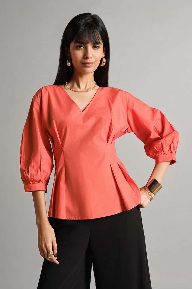 Solid-Cotton-V-Neck-Women-s-Top