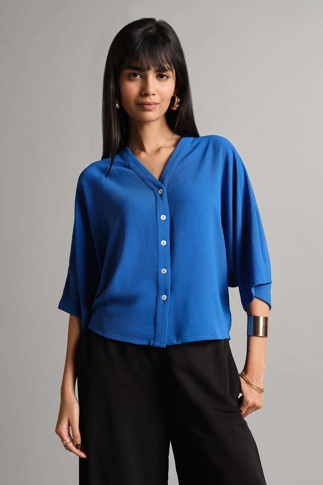 Solid-Polyester-V-Neck-Women-s-Top