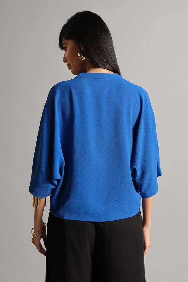 Solid-Polyester-V-Neck-Women-s-Top