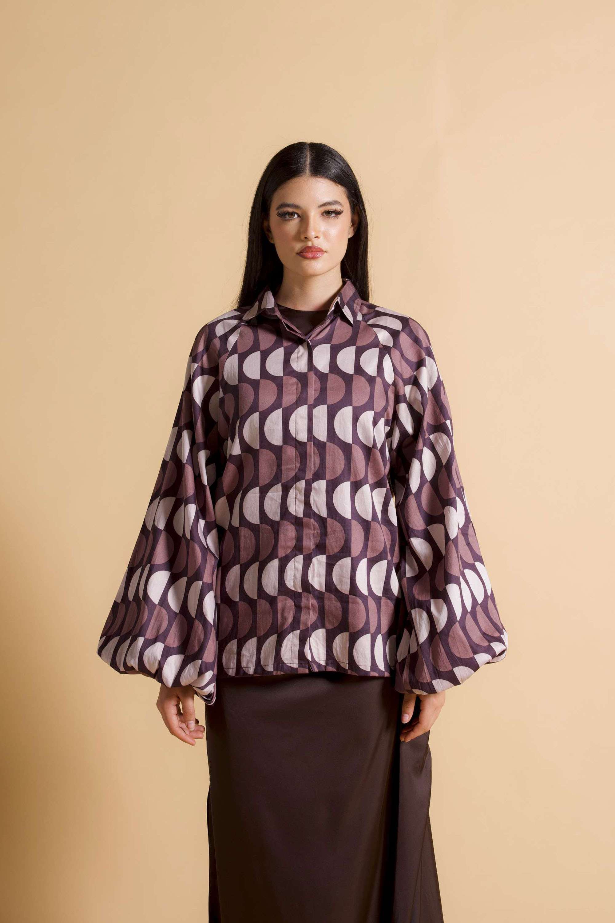 Printed-Cotton-Blend-Collared-Women-s-Batwing-Top