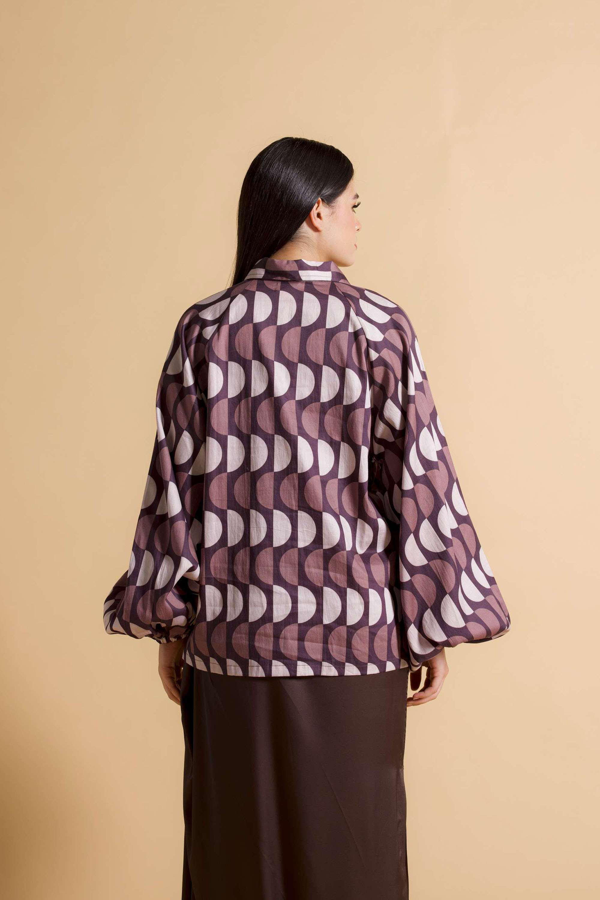 Printed-Cotton-Blend-Collared-Women-s-Batwing-Top