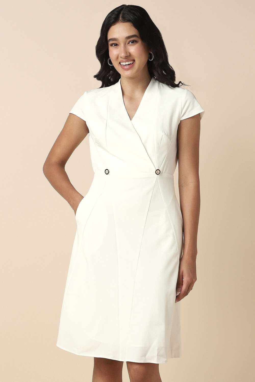 Solid-Blended-Fabric-V-Neck-Women-s-Knee-Length-Dress