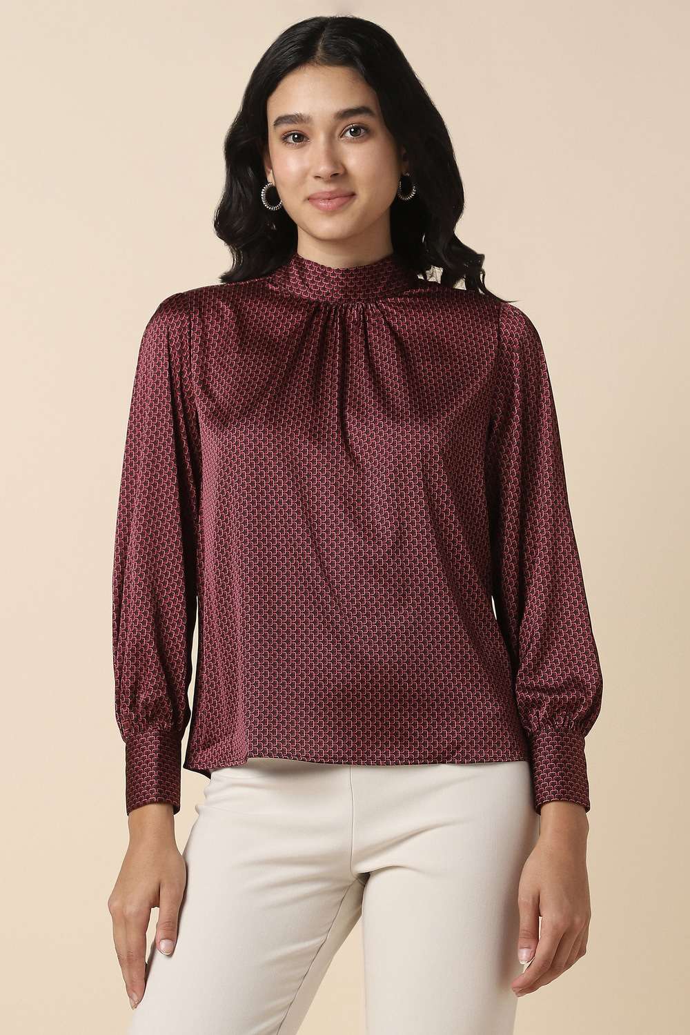 Printed-Blended-Fabric-High-Neck-Women-s-Top