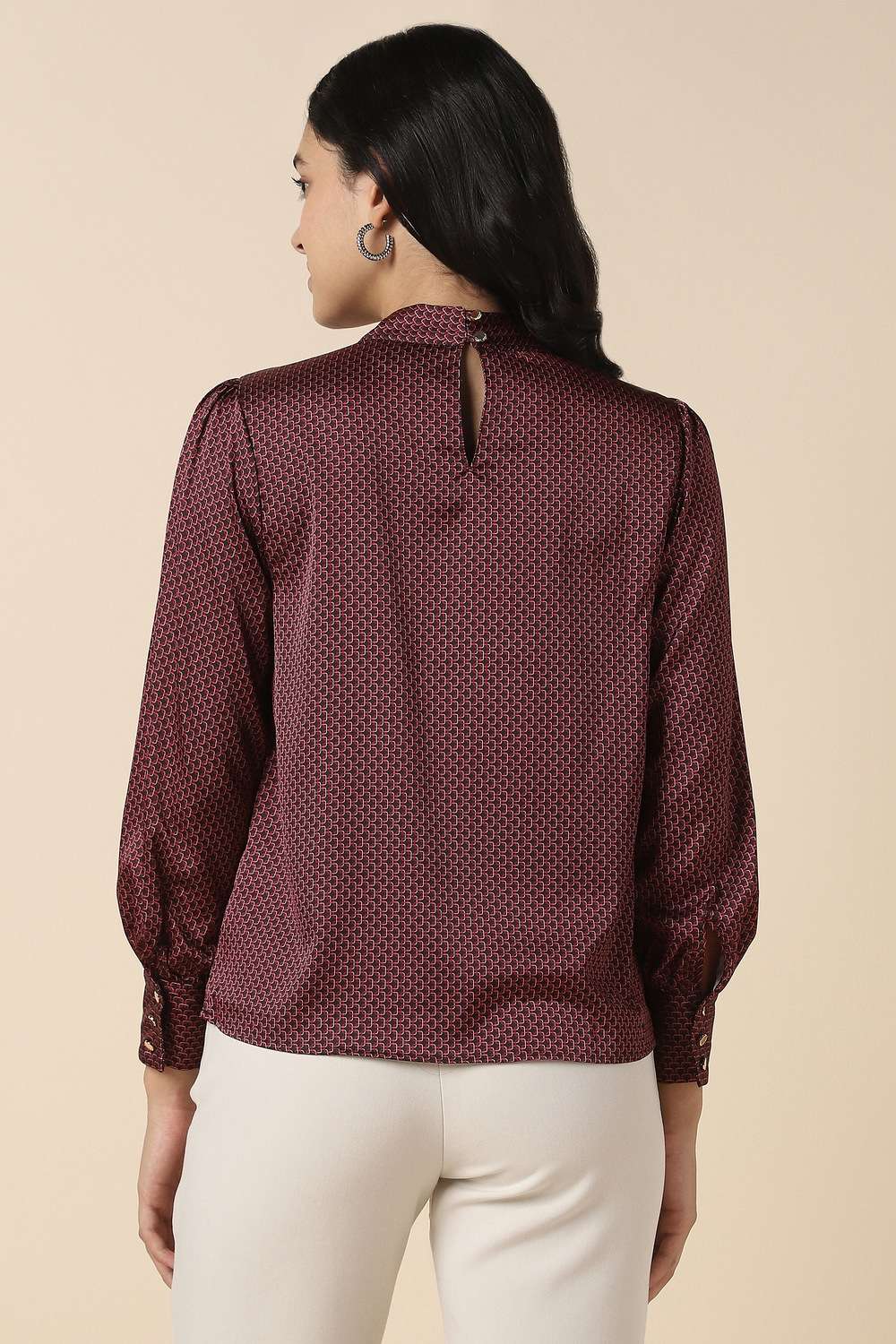 Printed-Blended-Fabric-High-Neck-Women-s-Top