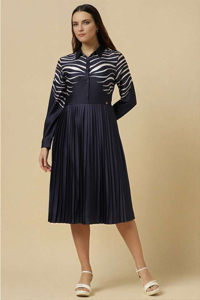 Printed-Blended-Fabric-V-Neck-Women-s-Knee-Length-Dress