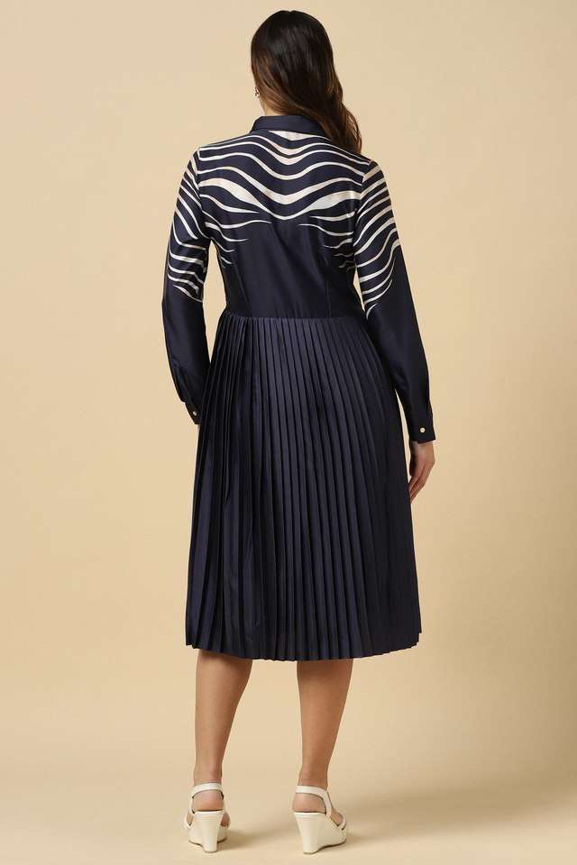 Printed-Blended-Fabric-V-Neck-Women-s-Knee-Length-Dress