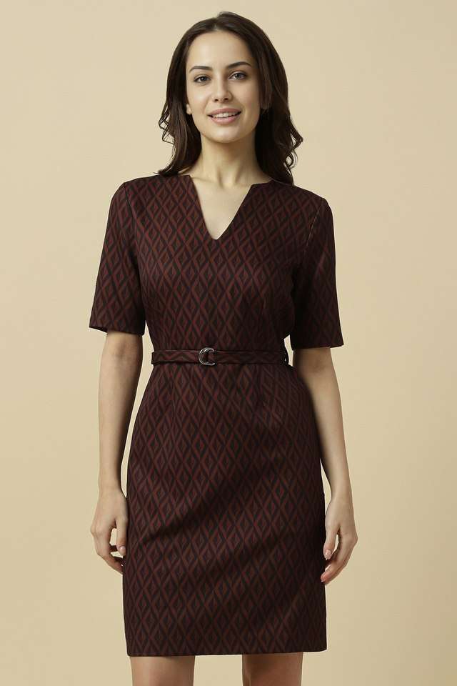 Printed-Polyester-V-Neck-Women-s-Knee-Length-Dress