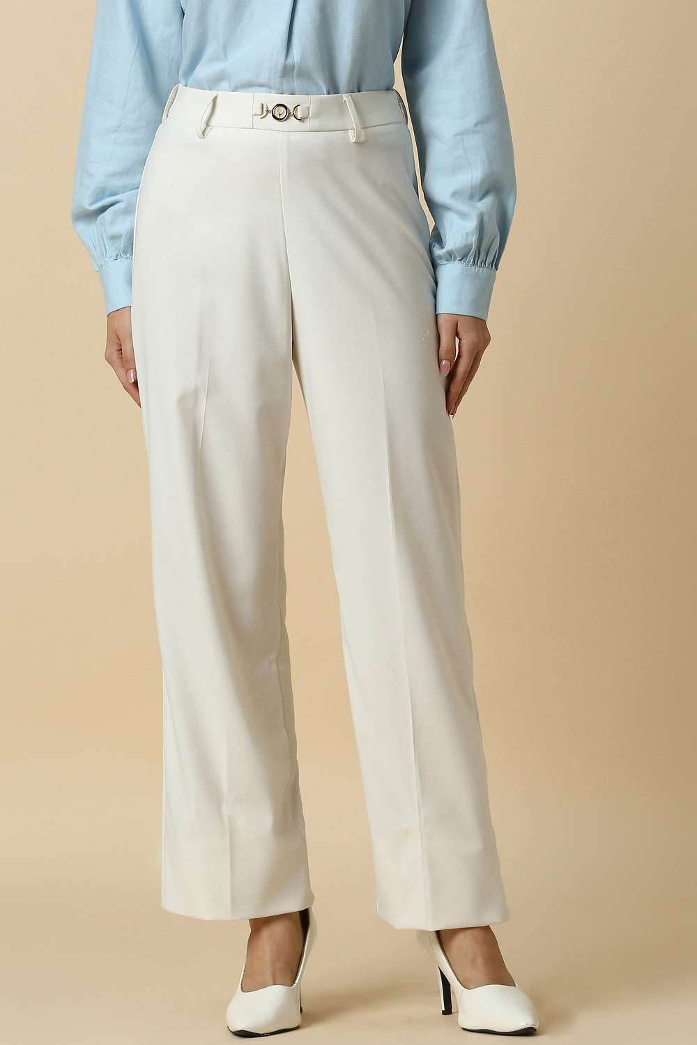 Solid-Blended-Fabric-Regular-Fit-Women-s-Trousers