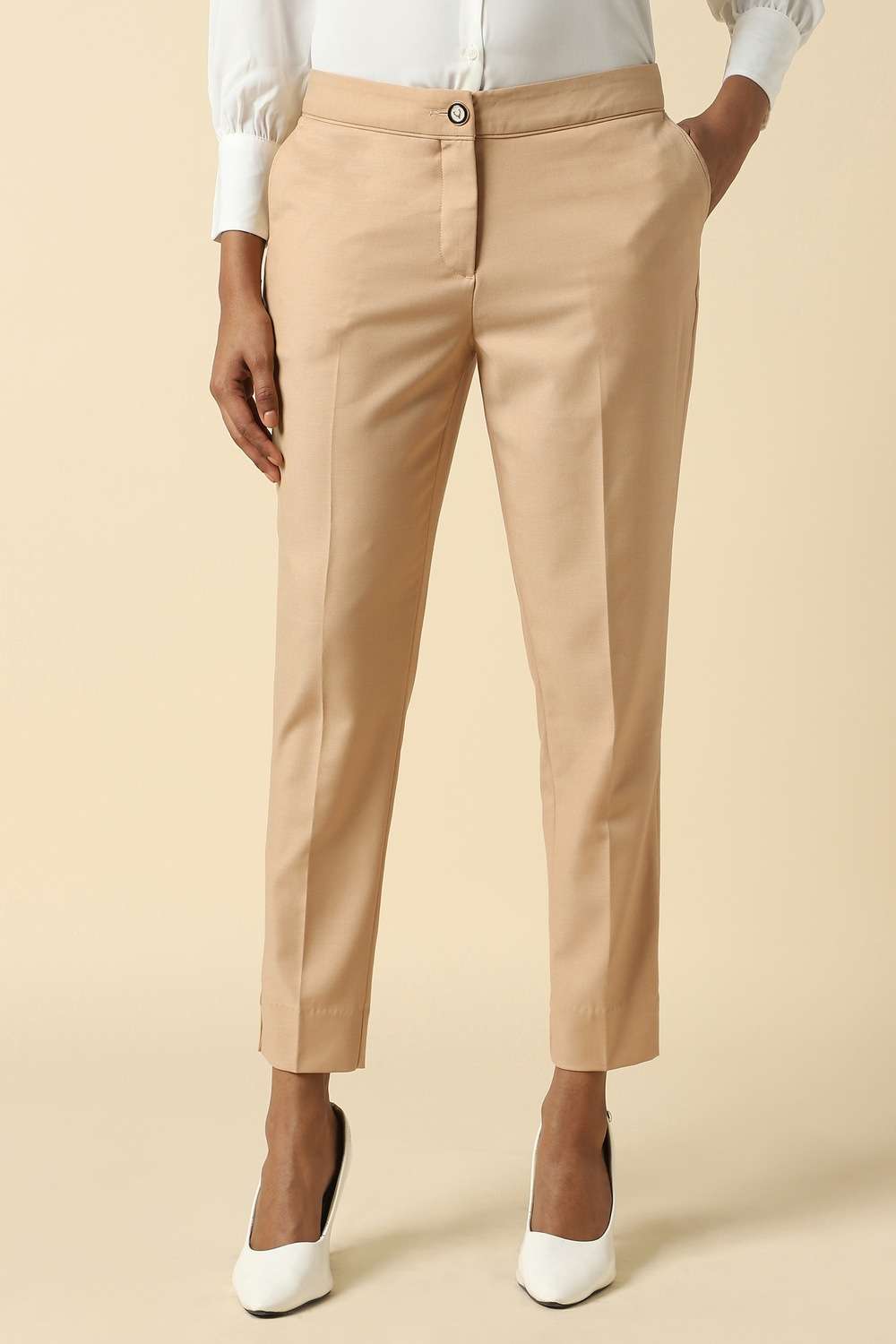 Solid-Blended-Fabric-Regular-Fit-Women-s-Trousers