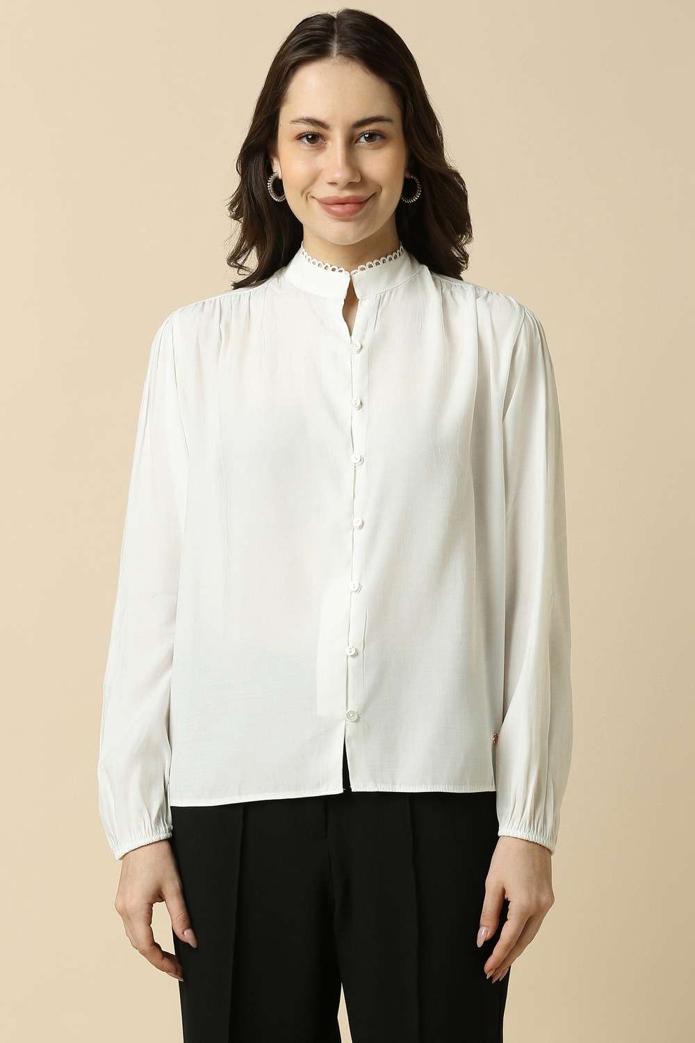 Solid-Polyester-Collared-Women-s-Top