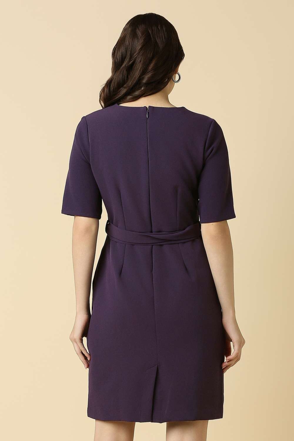 Solid-Polyester-V-Neck-Women-s-Knee-Length-Dress