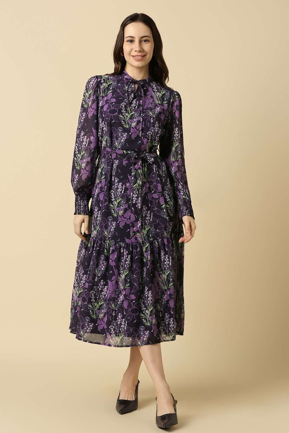 Solid-Polyester-Tie-Up-Neck-Women-s-Midi-Dress