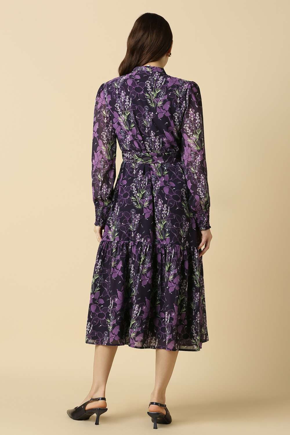 Solid-Polyester-Tie-Up-Neck-Women-s-Midi-Dress