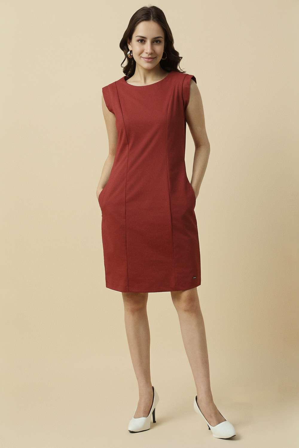 Solid-Polyester-Round-Neck-Women-s-Mini-Dress