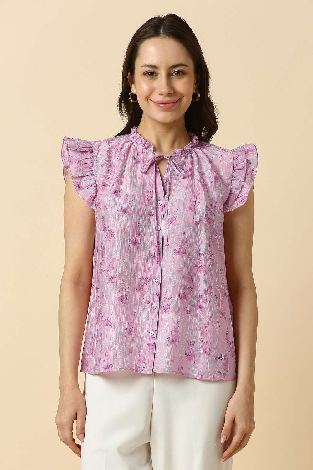 Printed-Blended-Fabric-Round-Neck-Women-s-Top