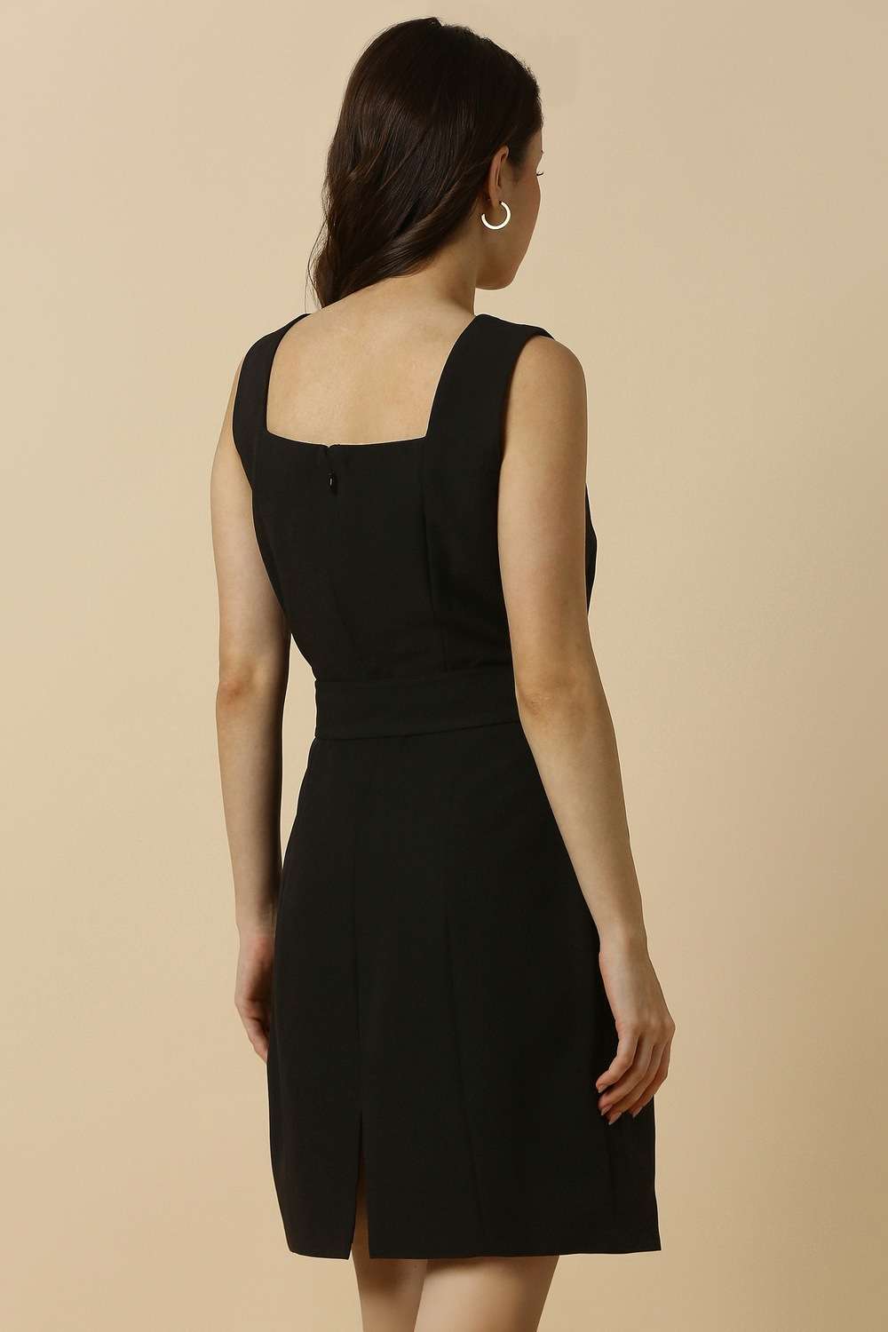 Solid-Polyester-Square-Neck-Women-s-Knee-Length-Dress
