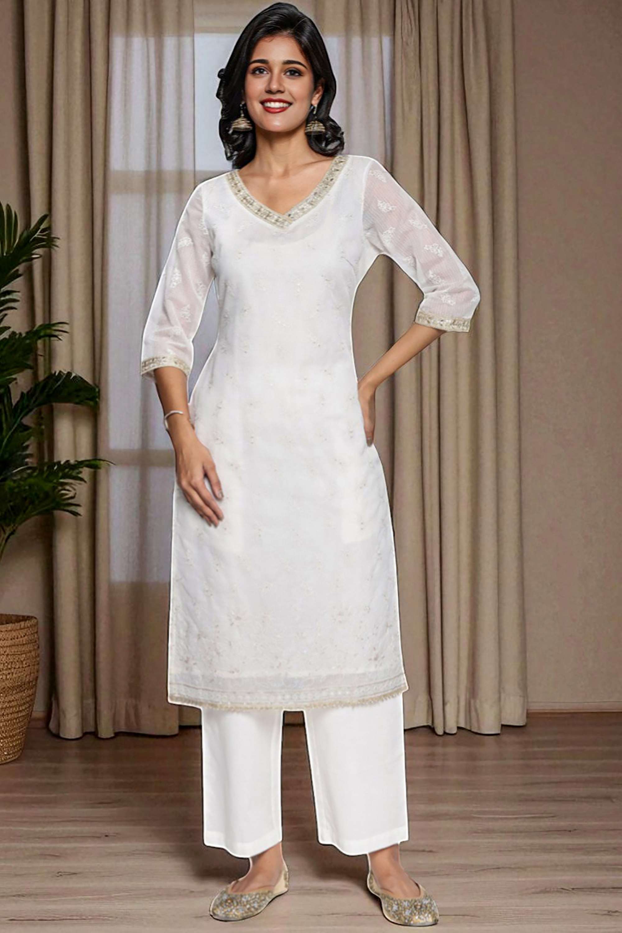 Embroidered-Cotton-Blend-V-Neck-Women-s-Fusion-Wear-Kurta-set