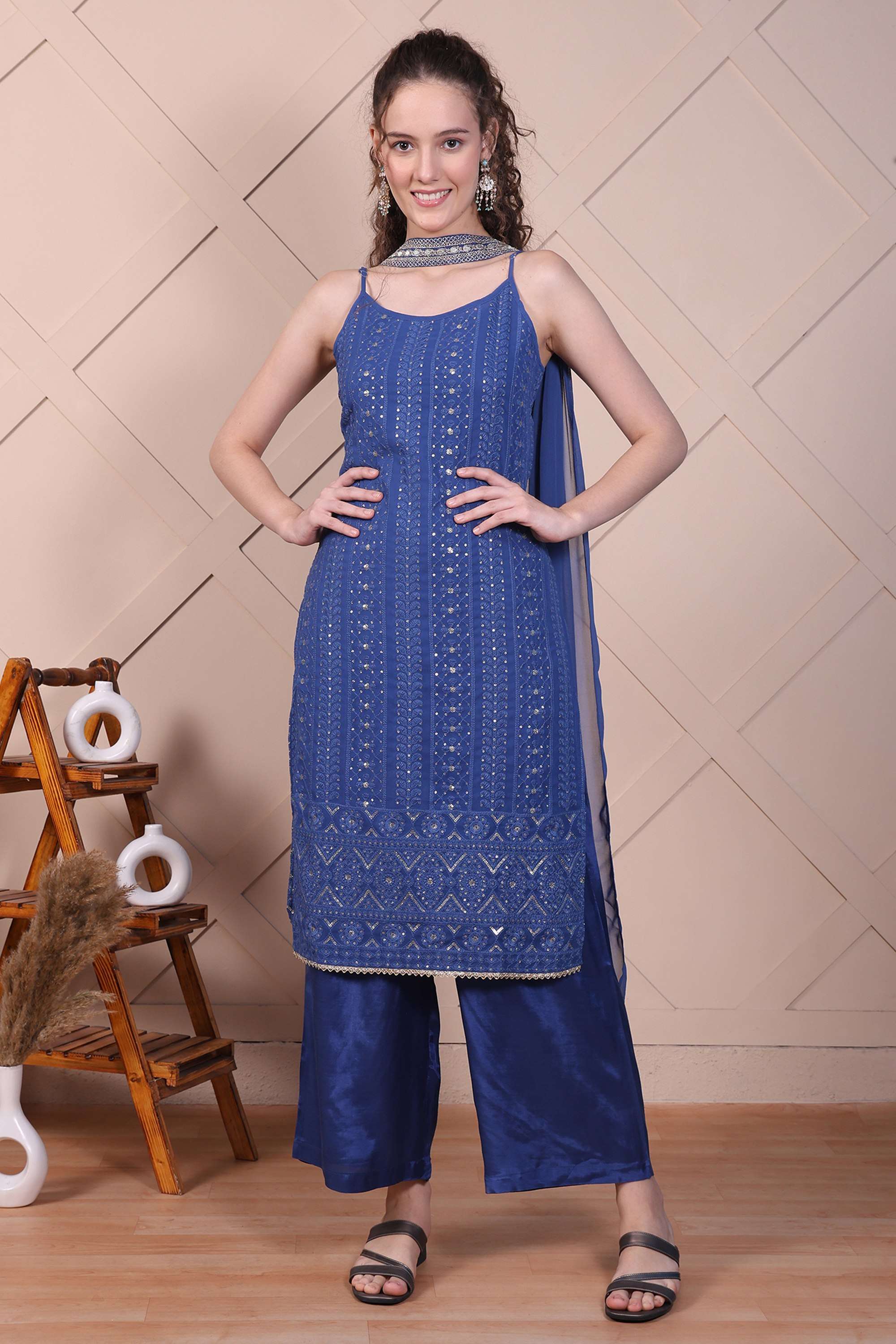 Embroidered-Polyester-Round-Neck-Women-s-Fusion-Wear-Kurta-set