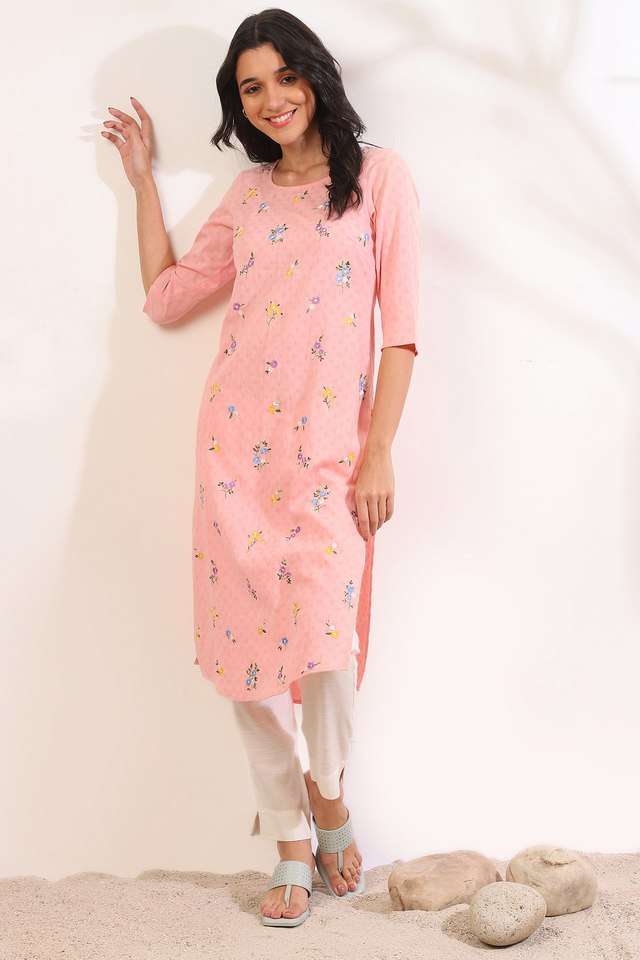 Solid-Cotton-Round-Neck-Women-s-Fusion-Wear-Kurta