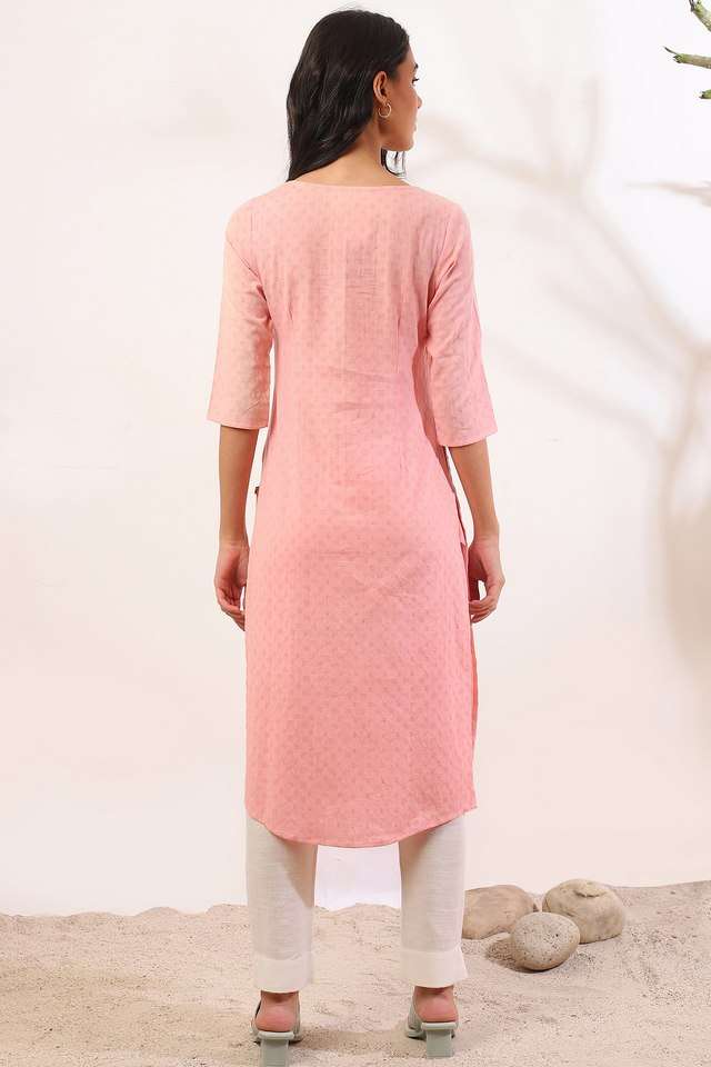 Solid-Cotton-Round-Neck-Women-s-Fusion-Wear-Kurta
