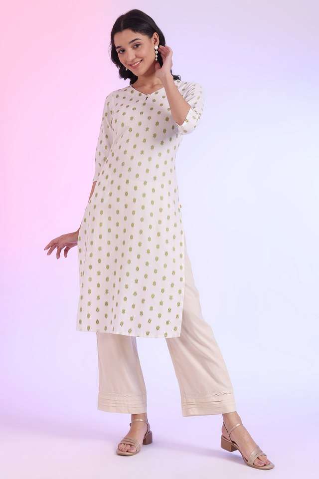 Geometric-Print-Cotton-Blend-V-Neck-Women-s-Fusion-Wear-Kurta