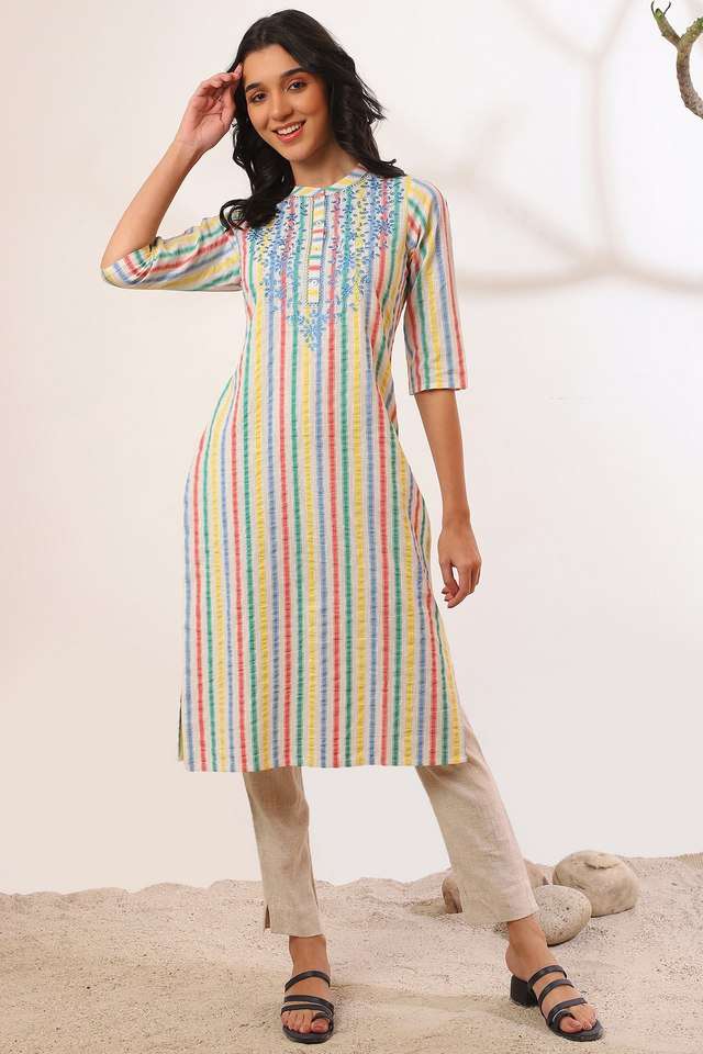 Stripes-Cotton-Blend-Collared-Women-s-Fusion-Wear-Kurta