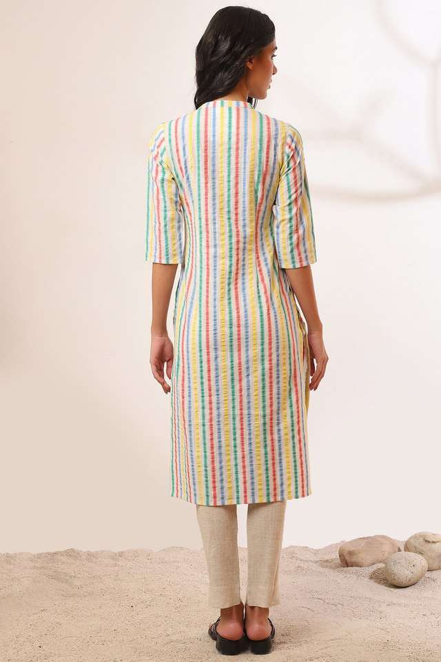 Stripes-Cotton-Blend-Collared-Women-s-Fusion-Wear-Kurta