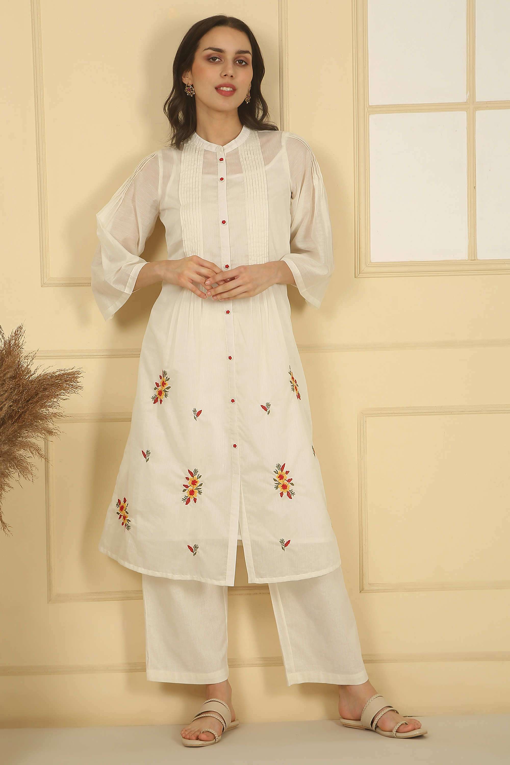Embroidered-Calf-Length-Cotton-Blend-Woven-Women-s-Kurta-Set