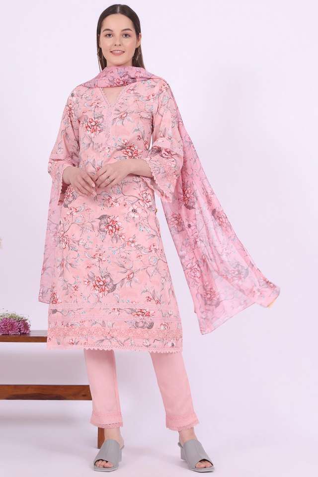 Floral-Polyester-Relaxed-Fit-Women-s-Straight-Kurta-&-Trousers-&-Dupatta