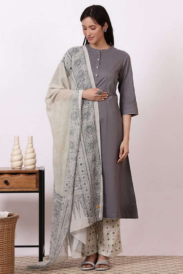 Solid-Calf-Length-Cotton-Woven-Women-s-Kurta-Set