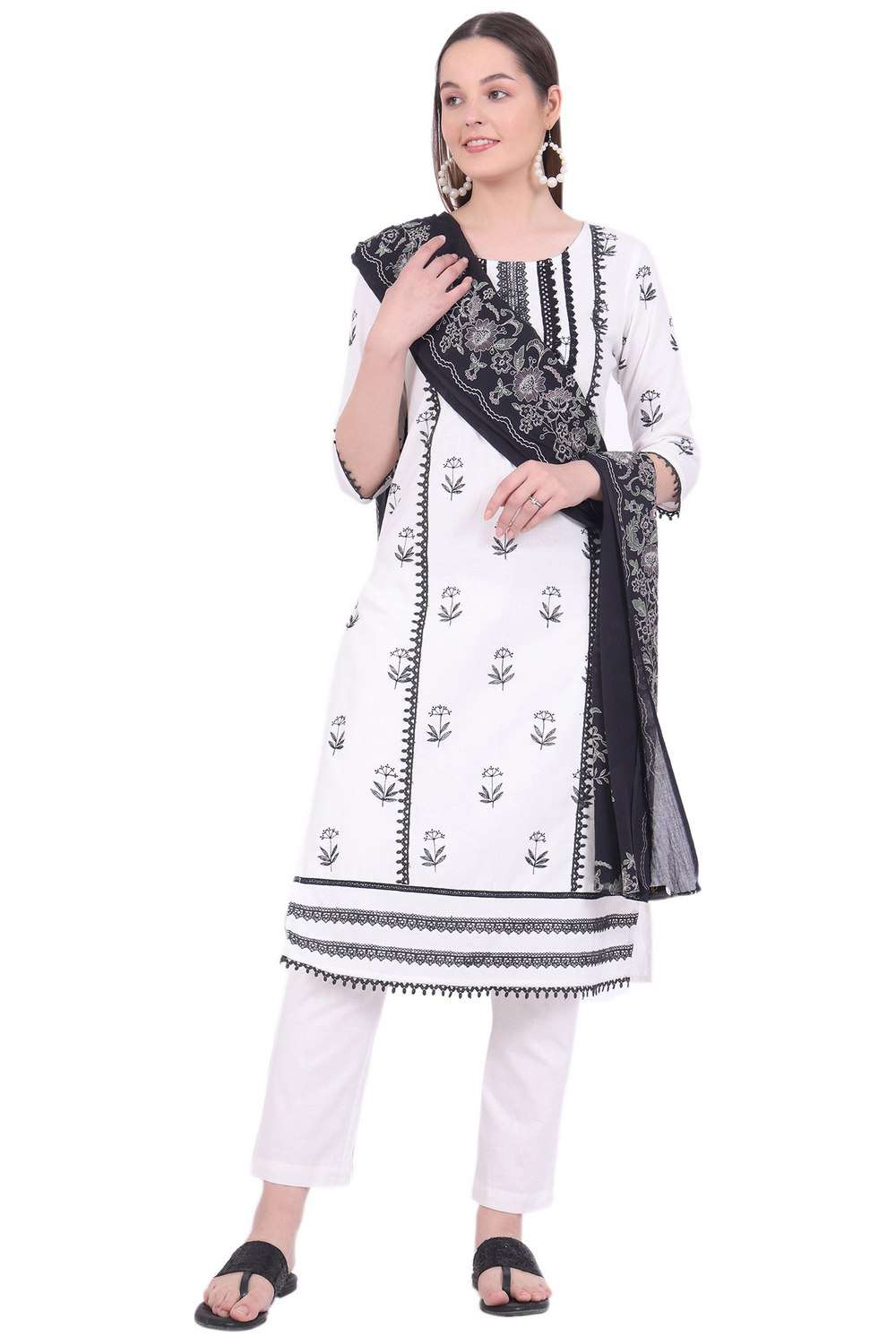 Embroidered-Calf-Length-Cotton-Blend-Woven-Women-s-Kurta-Set